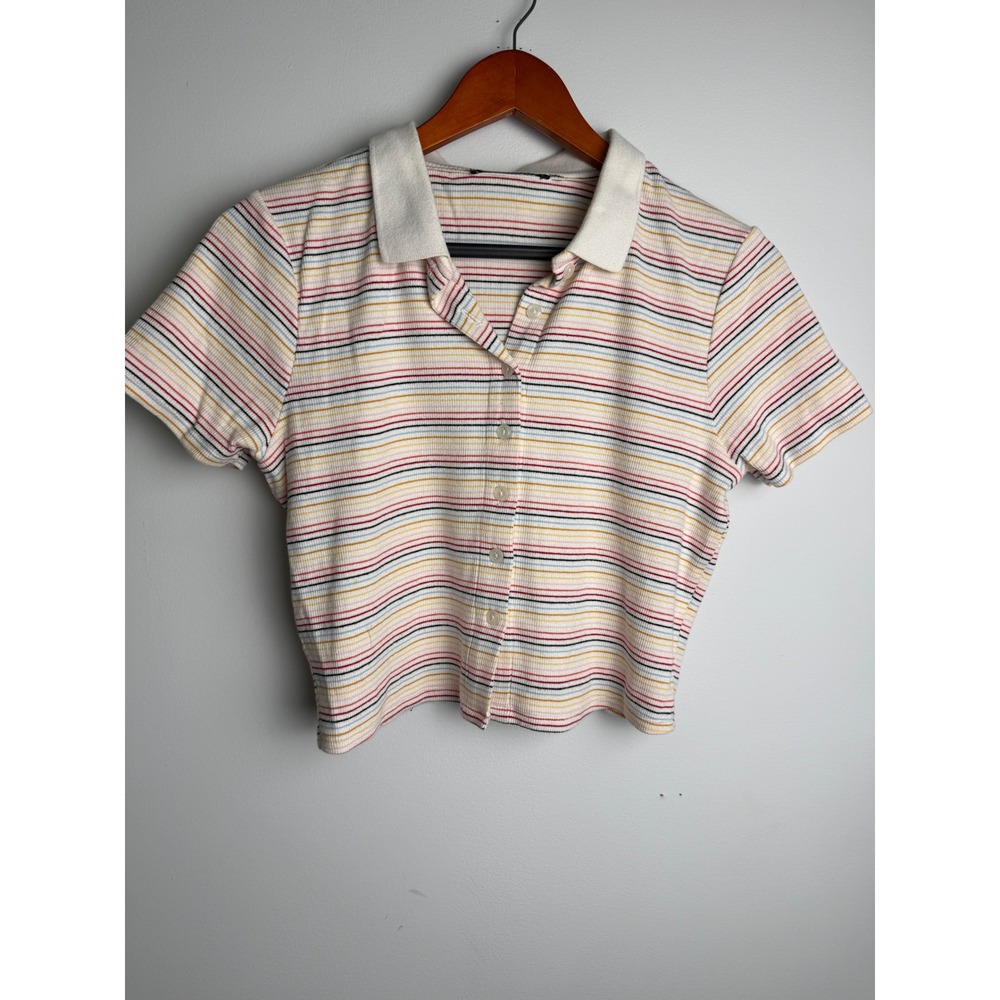 Cropped Polo Shirt Women Multicolor Striped Ribbed Button Up Small